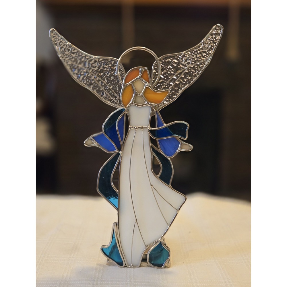 Vintage Stained Glass Angel Tealight Candle Holder Figurine Holiday Gift Decor